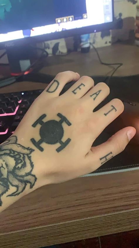 One Piece Hand Tattoo, Wrist And Hand Tattoos, Simple Hand Tattoos For Guys, Anime Hand Tattoo, Law Tattoo, Side Hand Tattoos, The Creation Of Adam, Cool Arm Tattoos, One Piece Tattoos