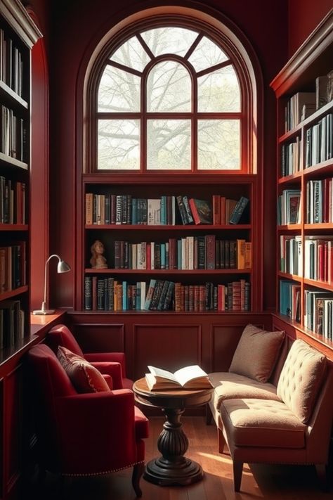 Cozy reading nook with two armchairs in a warmly lit library, featuring a large arched window and shelves filled with books. Benjamin Moore Bewitched, Indoor Paint Colors, Interior Paint Palettes, Interior Painting Ideas, Top Paint Colors, Indoor Paint, Interior Paint Colors Schemes, Trendy Interiors, Trending Paint Colors