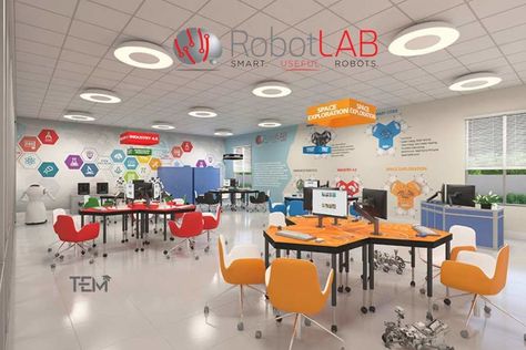 School Computer Lab Design, Computer Lab Design, Kids Science Lab, Robotics Lab, School Renovation, School Computer Lab, Coworking Design, Steam Classroom, Stem Centers