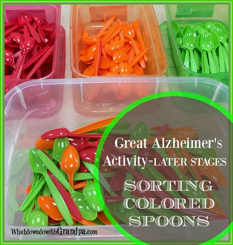 Spoon Sorting: Alzheimer's Activity - What Do We Do With Grandpa (or Grandma)? Montessori Activities Seniors, Alzheimer's Activities, Activity For Seniors, Cognitive Activities For Seniors, Memory Activities For Seniors, Alzheimers Activities Occupational Therapy, Elder Activities, Resident Activity Ideas Nursing Home, Care Home Activities