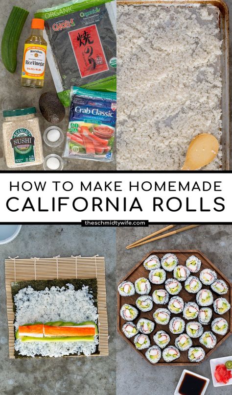 California Roll Sushi Recipe, Homemade California Rolls, California Roll Recipe, California Sushi Rolls, California Roll Recipes, Homemade Sushi Rolls, Crab Avocado, California Roll Sushi, Sushi Recipes Homemade