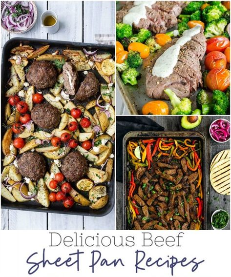 Easy-Beef-Sheet-Pan-Recipes Beef Sheet Pan Recipes, Throw Together Meals, Greek Beef, Greek Nachos, Meatloaf Dinner, Beef Fajitas, Steak And Shrimp, Shrimp Dinner, Pan Dinners