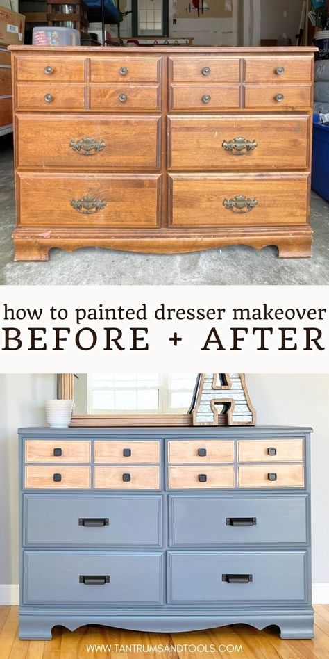 Restore Dresser Diy, Easy Diy Dresser, Old Dresser Makeover, Painted Dresser Ideas, Painting A Dresser, Paint Dresser Diy, Diy Old Furniture Makeover, Dresser Transformation, Old Furniture Makeover