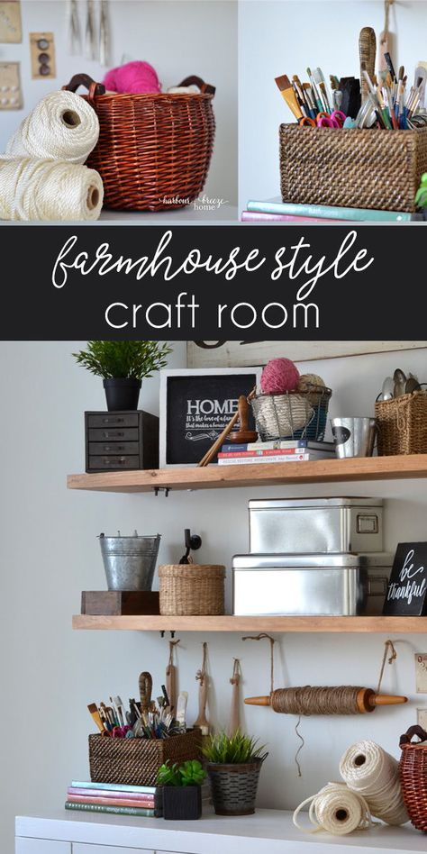 Rustic Craft Room Farmhouse Style, Shelving For Craft Room, Farmhouse Sewing Room Ideas, Farmhouse Style Craft Room, Farmhouse Craft Room Decor, Craft Room Shelf Organization, Crafting Room Ideas On A Budget, Rustic Craft Room Ideas, Craft Room Organization On A Budget