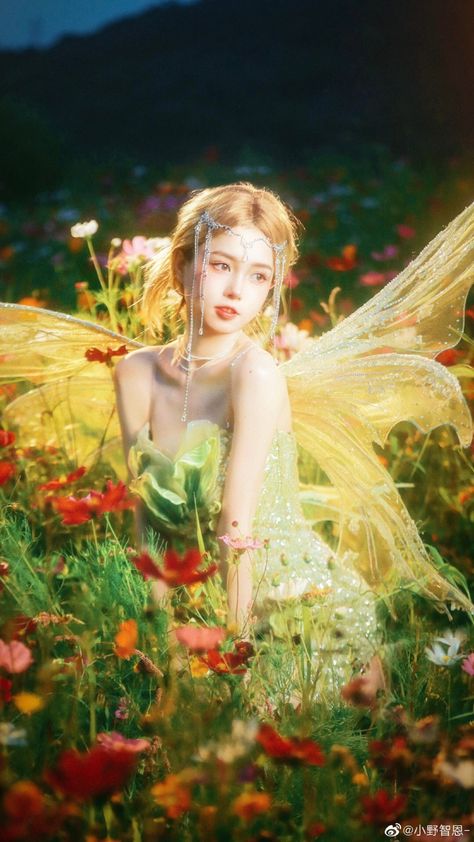 Korean Fairy Aesthetic, Flower Fairy Photoshoot, Fairy Cosplay Photoshoot, Fairy Poses Photography, Fairy Shoot Ideas, Ren Faire Fairy Costume, Dreamy Photoshoot Fairytale, Fairy Concept Photoshoot, Fairy Theme Photoshoot