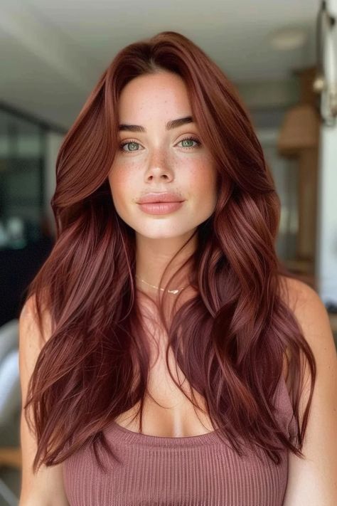 25 Chocolate Cherry Brown Hair Ideas for the Ultimate Luxurious Look Copper Cherry Hair, Chocolate Red Hair With Highlights, Cherry Copper Hair Color, Red Hair Fall 2024, Cherry Chocolate Brunette Hair, Rich Copper Hair Color, Chocolate Red Hair Color, Dark Brown And Red Hair, Cherry Brown Hair Color