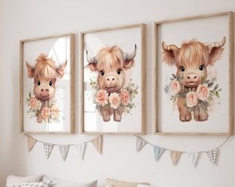 Cow Art Prints for Nursery, Highland Cow Wall Decor, Canvas, Baby Girl Nursery, Purple Floral Nursery, Farmhouse Baby Girl Shower Gift - Etsy Cows And Flowers Nursery, Highland Cow Nursery Theme Girl, Highland Cow Girl Nursery, Highland Cow Nursery Girl, Baby Girl Cow Nursery, Nursery Highland Cow, Highland Cow Wall Decor, Girl Nursery Purple, Purple Floral Nursery