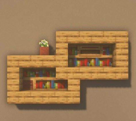 Shelves In Minecraft, Shelfs In Minecraft, Mincraft Bookshelves Ideas, Minecraft Display Case, Shelves Minecraft, Bookcase Minecraft, Minecraft Bookcase, Minecraft Clothing Store, Minecraft Sofa Ideas