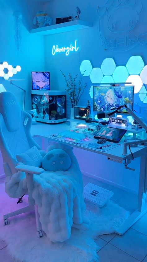 C1everGirl ༄ gaming | tech | genshin | sanrio | ⋆..𖥔 ݁ ˖*:･༄ setup refresh✨☁️ my new L shaped desk from @upliftdesk i am so excited to finally have my dream desk☁️ this desk is 72”’M x … | Instagram I Love Her Aesthetic, Love Her Aesthetic, Games Room Inspiration, Gaming Bedroom, Gamer Bedroom, Elegant Home Office, Gaming Desk Setup, Her Aesthetic, Dream Desk