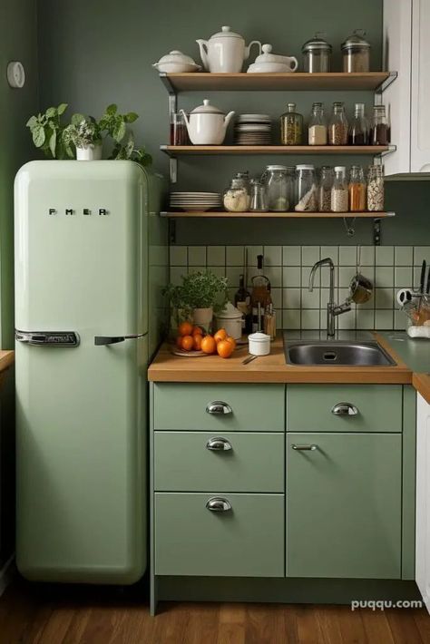 Green Kitchen Paint, Vintage Green Kitchen, Smeg Kitchen, Vintage Homes, Lovely Kitchen, Boho Inspiration, Tiny Kitchen, Kitchen Paint, Style Kitchen