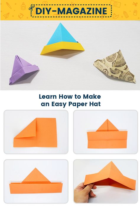 Learn How to Make a Super Quick and Easy Origami Hat Basic Origami Step By Step, Print And Fold Paper Crafts, How To Fold A Paper Hat, Make A Hat Out Of Paper, How To Make A Paper Hat Step By Step, Origami Party Hats, Hat From Paper, Paper Hats Diy, Paper Hats For Kids