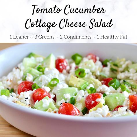 This super filling nutritious salad is made with cottage cheese, fresh halved cherry tomatoes, cut up cucumbers, and sliced avocado keeping this dish light, refreshing and delicious! Cottage Cheese Cucumber Tomato Salad, Optavia Cucumber Salad, Optavia Lean And Green Recipes 5&1 Cottage Cheese, Cucumber Tomato Cottage Cheese Salad, Cottage Cheese Avocado Recipes, Cottage Cheese Cherry Tomato, Lean And Green Cucumber Salad, Lean And Green Salad Recipes, Flat Belly Salad Optavia