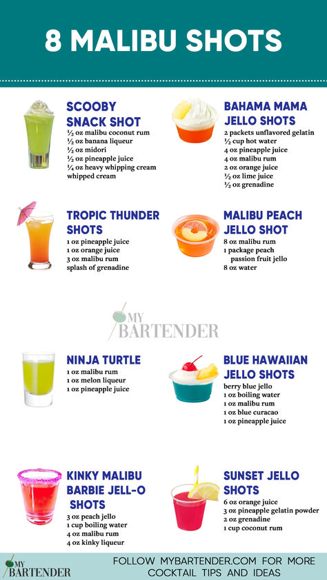 Malibu Shots Hello Shots With Malibu, Malibu Watermelon Drinks, Signature Cocktail Recipes, Malibu Rum Shots, Malibu Rum Shots Recipes, Luau Party Drinks Alcohol, Summer Shots Alcohol, Malibu Black Drinks Recipes, Malibu Shots Recipes