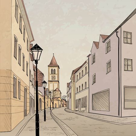 Street Drawing Sketches Cities, Perspective Images, Travel Background, Street Background, City Sketch, Pedestrian Street, European City, Architecture Design Drawing, City Drawing