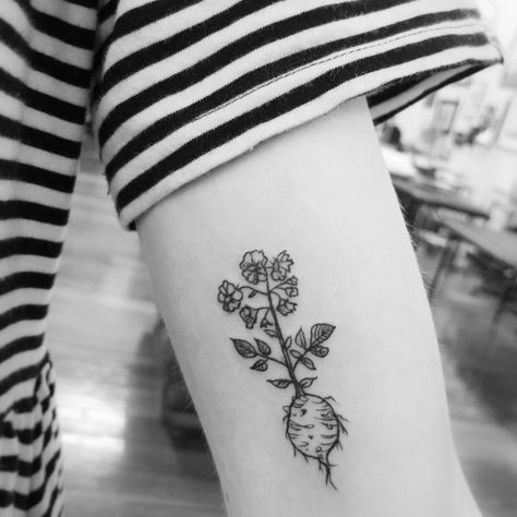 Inhaler Tattoo, Potato Tattoo, Potato Flower, Vegetable Tattoo, Roots Tattoo, State Tattoos, Lord Of The Rings Tattoo, Pumpkin Tattoo, Food Tattoos