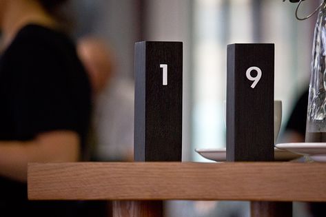 Table numbers - block of wood - stand alone Table Number Ideas Cafe, Cafe Table Number Ideas, Table Numbers For Restaurant, Cafe Table Numbers, Table Numbers Cafe, Restaurant Table Number Ideas, Table Numbers Restaurant, Table Numbering, Table Number Design