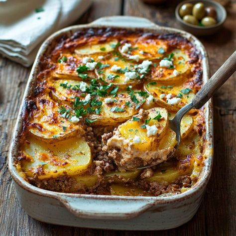 POTATO AND BEEF MOUSSAKA: A LAYERED COMFORT CLASSIC - Greenku Recipes Healthy Moussaka Recipe, Mashed Potatoes With Ground Beef, Mousakka Pasta, Musaka Recipe Potatoes, Moussaka Recipe Greek Easy, Meat Stuffed Potatoes, Beef Over Mashed Potatoes, Greek Ground Beef, Beef Moussaka