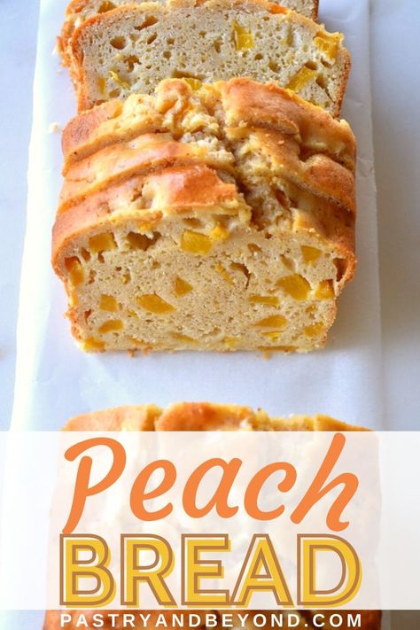 Loaf Bread Desserts, Peach Loaf Recipes, Peach Loaf Cake Recipes, Easy Peach Muffin Recipes, Peach Loaf Bread, Peach Quick Bread Recipes Easy, Peach Cobbler Bread Recipe, Canned Peach Bread Recipe, Peach Bread With Fresh Peaches