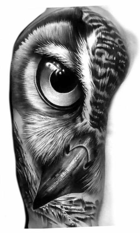 Half Owl Face Tattoo, Owl Tattoo Drawings Realistic, Realism Tattoo Sleeve For Men, Dark Owl Tattoo, Realistic Owl Tattoo Design, Black And Grey Realism Tattoo Design, Realistic Animal Tattoos, Realistic Skull Tattoo Design, Black Grey Tattoo Design