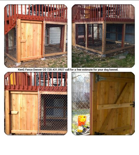 Dog kennel under deck by KenG Fence Denver CO call 720.431.0927 anytime for a free estimate. Dog Kennel Under Deck, Outdoor Dog Spaces, Outdoor Dog Area, Kennel Ideas Outdoor, Diy Dog Gate, Design Fence, Under Deck, Dog Kennel Designs, Windows Ideas