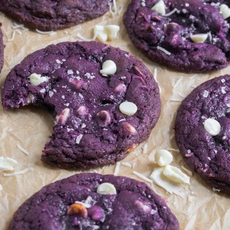 Cookies Bites, Ube Cupcakes, Ube Cookies, Ube Desserts, Ube Dessert Recipe, Mochi Donuts Recipe, Cookies With White Chocolate Chips, White Chocolate Coconut, Purple Desserts