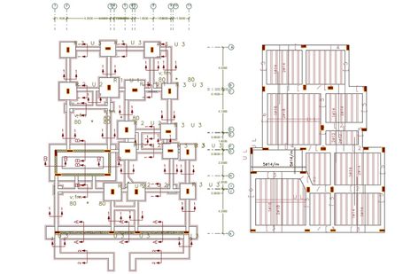 AutoCAD drawing of 2700 sq ft house column footing with excavation plan and slab bar reinforcement structure design. Download 4 BHK house construction plan design DWG file and get more detail of margin dimension. Footing Foundation, Column Detail, House Columns, Column Structure, House Foundation, House Construction Plan, Drawing Block, House Construction, Construction Plan