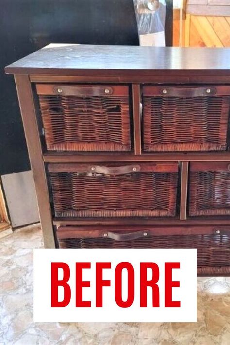 Refurbished Wicker Dresser, Wicker Bedroom Furniture Makeover, Upcycling Drawers Ideas, Upcycle Wicker Basket, Painted Wicker Dresser, Wicker Dresser Makeover, Wicker Bedroom Ideas, Dresser With Baskets, Wicker Basket Makeover