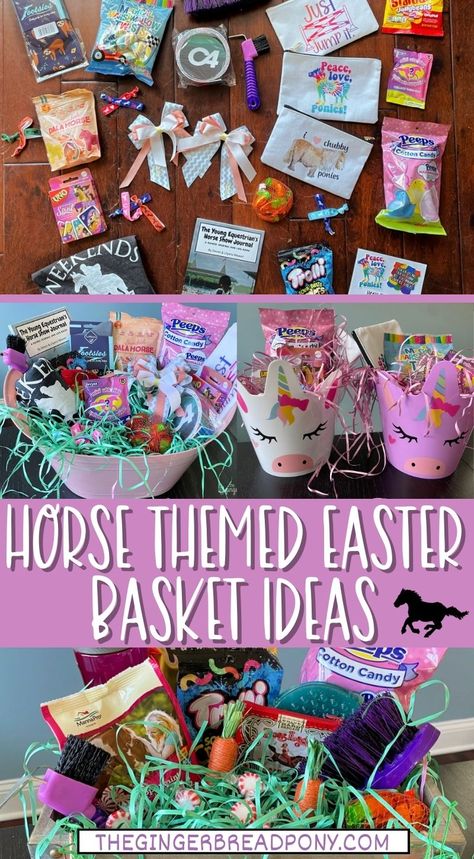 Before the Easter Bunny hops into town, take a look at these horse themed Easter basket ideas. We have rounded up some great basket fillers for you to consider across a few different themes. See the unicorn Easter baskets, horse lovers Easter basket, and an equestrian horse show themed Easter basket that we made. Use the inspiration for your own Easter basket building! #easter #easterbasket #horse #pony #unicorn #thegingerbreadpony Themed Easter Baskets, Easter Baskets Ideas, Unicorn Easter Basket, Easter Basket Themes, Baskets Ideas, Easter Basket Ideas, Horse Ideas, Horses Theme, Pony Unicorn