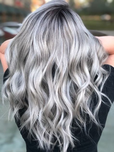 Silver Gray Blonde Hair, Silver Hair With Dimension, Silver Hair With Dark Shadow Root, Dimensional Silver Hair, White Silver Hair Color, Platinum Grey Hair Silver, Smokey Gray Hair Color, Silver Hair With Shadow Root, Platinum Gray Hair Silver