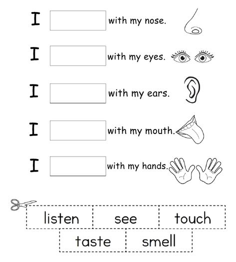 Senses, body parts. I smell with my nose. I see with my eyes. I listen with my ears. I taste with my mouth. I touch with my hands. I See With My Eyes Preschool, I See Worksheet, Preschool Sight Words Activities, Writing Practice Preschool, Five Senses Worksheet, Human Body Worksheets, Parts Of The Nose, Preschool Sight Words, Body Parts Preschool