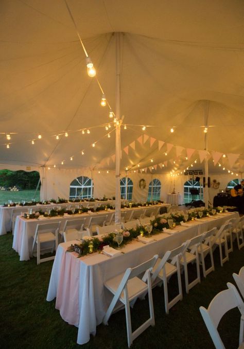 Decorate Wedding Tent, Wedding White Tent, Bbq Garden, Decorate Wedding, Wedding Ideas On A Budget, Outdoor Wedding Ideas, White Linens, Nh Wedding, Spring Wildflowers