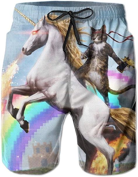 Amazon.com: TENGBOKY Men's Funny Cat Riding Unicorn with Gun Swim Trunks Boardshort Beach Shorts : Clothing, Shoes & Jewelry Cat Riding, Dabbing Unicorn, Swim Short, Summertime Fun, Blue Flames, Mens Boardshorts, Star Images, Shorts Casual, Gifts For Your Boyfriend