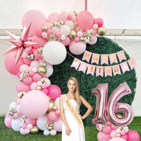 PRICES MAY VARY. Pink Gold Balloon Decorations: Includes 135 pink, gold, and white balloons for a stunning party atmosphere Reliable Color: Uses Color Correction Card for true color representation of balloons Sweet 16 Birthday Theme: Perfect for making a 16th birthday unforgettable with festive decor Dream Party Decor: Transform any space with balloons, banners, and sash for a memorable party Safe and Durable: Made from rubber and carefully inspected before shipment 【Sweet 16 Pink Gold Balloon D Sweet 16 Pink Theme, Sweet Sixteen Party Ideas Decoration, Sweet 16 Balloon Decorations, 16 Birthday Decorations, Gold Balloons Decorations, White Balloon Garland, Number Balloons Birthday, 16th Birthday Decorations, 16 Balloons