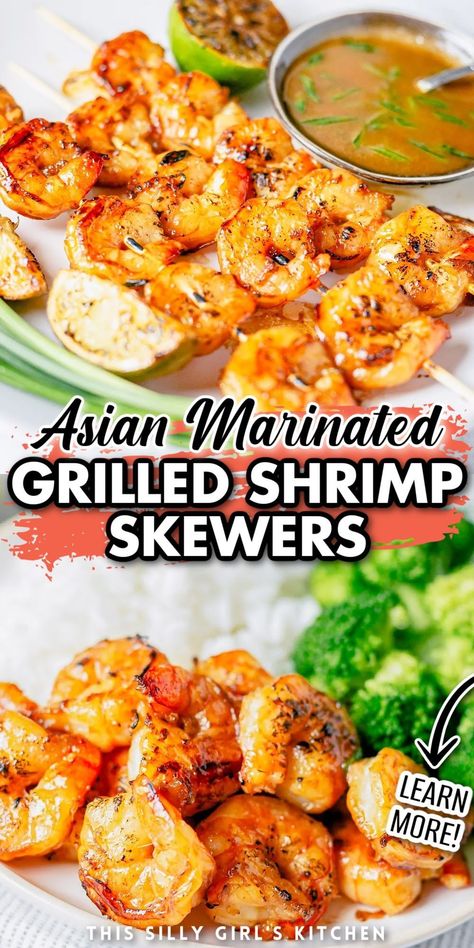 Good Appetizer, Marinated Grilled Shrimp, Asian Cuisine Recipes, Shrimp Skewer Recipes, Asian Shrimp, Asian Marinade, Shrimp Marinade, Grilled Shrimp Skewers, Kebabs On The Grill