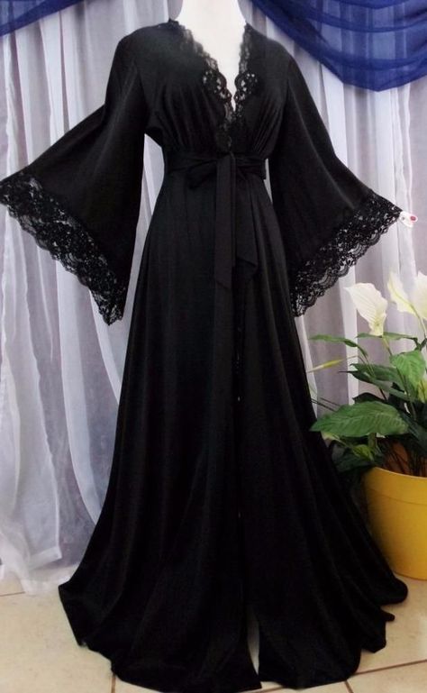 Pointed Sleeves, Vintage Peignoir, Fancy Robes, Black Hippie, Vintage Sleepwear, Victorian Nightgown, Black Hippy, Black Nightgown, Night Gowns