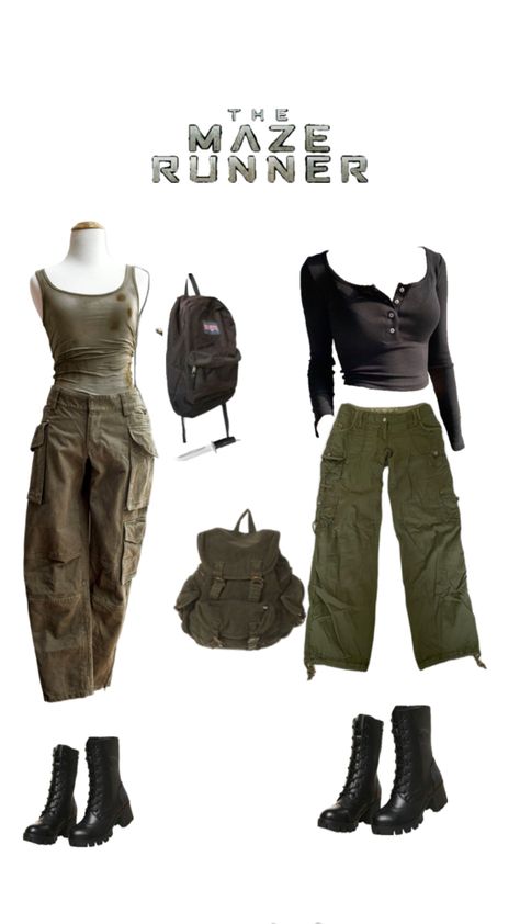 Clothes For Apocalypse, Tomb Raider Outfit Style, District 6 Outfit, Outfit Ideas Zombie Apocalypse, Hunger Games Arena Outfit Ideas, Uncharted Outfit Ideas, The Maze Runner Inspired Outfits, Maze Runner Shifting Outfit, Dystopian Halloween Costume