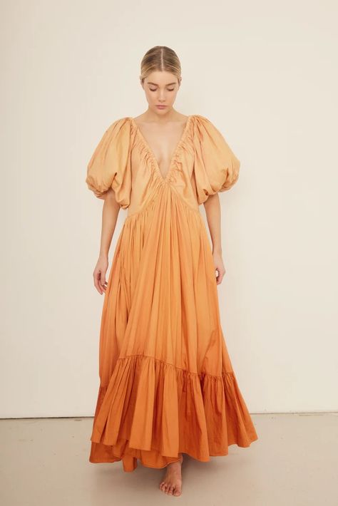 Made from a lightweight silk-cotton blend, the Birthday Gown features our signature dramatic puffed sleeves. Designed in Sydney, handmade ethically in India. Shop online for free shipping. Birthday Gown, Bella Wedding, Cotton Caftan, Orange Ombre, Evening Outfits, Indian Cotton, Puffed Sleeves, Looks Style, Event Dresses