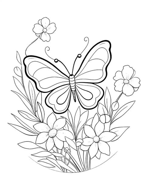 Butterfly Mandala Spring Coloring Page - A complex, detailed mandala featuring a beautiful butterfly amidst spring flowers. Spring Flowers Coloring Pages, Floral Coloring Pages Simple, Flower Coloring Sheets Free Printable, Embroidery Pictures Drawing, Spring Drawings Ideas Art, Colouring Pages For Adults Printable Free, Butterfly Colouring Pages, Spring Coloring Pages Free Printable, Butterfly Coloring Pages Free Printable