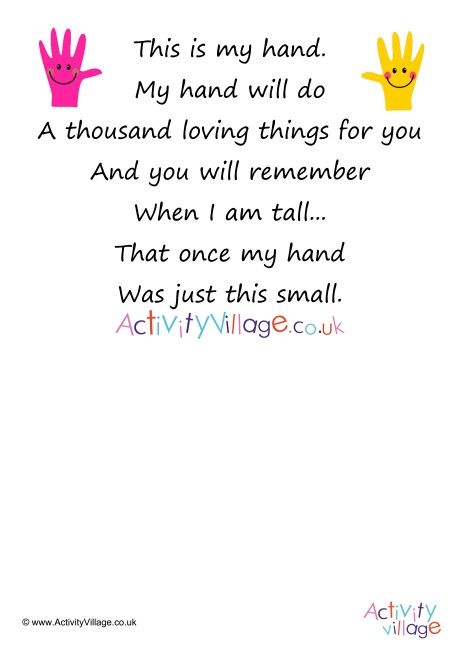 Handprint Poem 9 Hold My Hand Quotes, Parents Poem, Hands Poem, Handprint Poem, Preschool Poems, Hand Quotes, Fathers Day Poems, Prek Crafts, Mother Poems