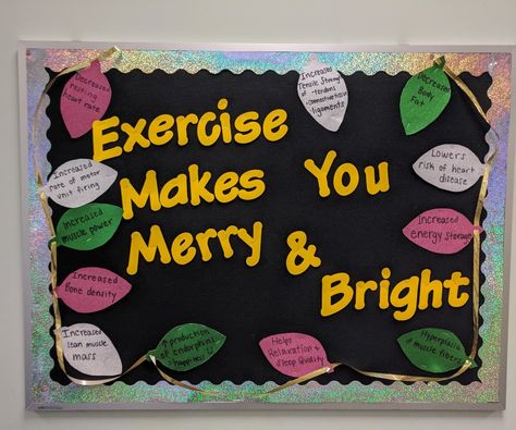 November Pe Bulletin Boards, Physical Therapy Christmas Decorations, Health Room Bulletin Boards Nurse Office, Nursing Home Bulletin Board Ideas, Christmas Therapy, Cool Bulletin Boards, Pe Bulletin Boards, School Nurse Office Decorations, November Bulletin Boards