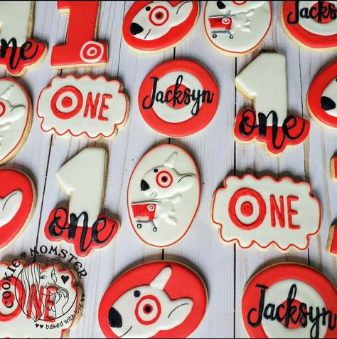 Target decorated cookies Target party Bullseye Target Themed First Birthday, Target Cookies Decorated, Target Cookies, Target Birthday, Target Party, Target Store, Work Food, Month Photos, Bday Party Theme