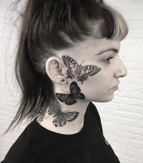 Butterfly Throat Tattoo, Butterfly Face Tattoo, Throat Tattoo, Tattoo Butterfly, Butterfly Face, Head Tattoos, Face Tattoo, Tattoo Work, Tattoo Supplies