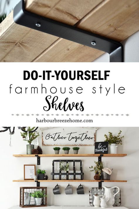 These DIY farmhouse style shelves are so quick and easy to make! They are the perfect addition for wall decor display, or could be used for organization. #farmhousestyle #diywoodprojects #diy #crafts #walldecor Style Shelves, Diy Farmhouse Style, Diy Wand, Farmhouse Shelves, Farmhouse Remodel, Cute Dorm Rooms, Fixer Upper Style, Farmhouse Decoration, Estantes Flotantes