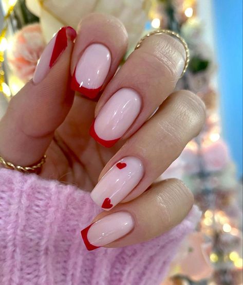 Short Classy Nails Valentines, Red French Valentines Day Nails, Square Short Valentines Nails, Valentindays Nails, White And Red Short Nails, Subtle Valentine Nails, Valantain Day Nails, Simple V Day Nails, February Nails Ideas Valentines Day Almond