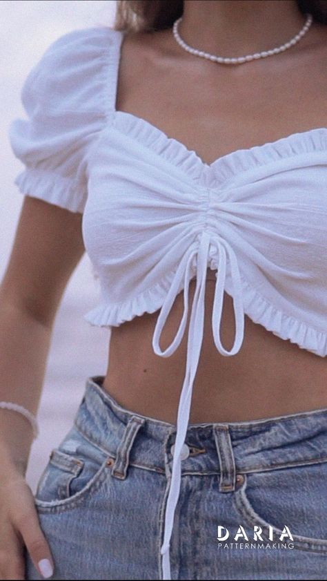 Drawstring Ruched Top, Crop Top Making Ideas, Ruched Top Sewing Pattern, Crop Tops Sewing, Ruched Top Pattern, Easy Crop Top Pattern, Crop Top Pattern Sewing, Easy Skirts To Sew, Drawstring Ruched Skirt