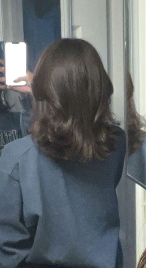 Currently obsessed with this style :) Med Length Brown Hair With Layers, Mid Length Hair Back View, Shoulder Length Dark Brown Hair With Curtain Bangs, Shortish Hair With Layers, Straight Hairstyles Shoulder Length, Wavy Haircuts Medium Layered, Short Dark Brown Hair With Layers, Dark Brown Hair Shoulder Length, Shoulder Length Hair No Layers