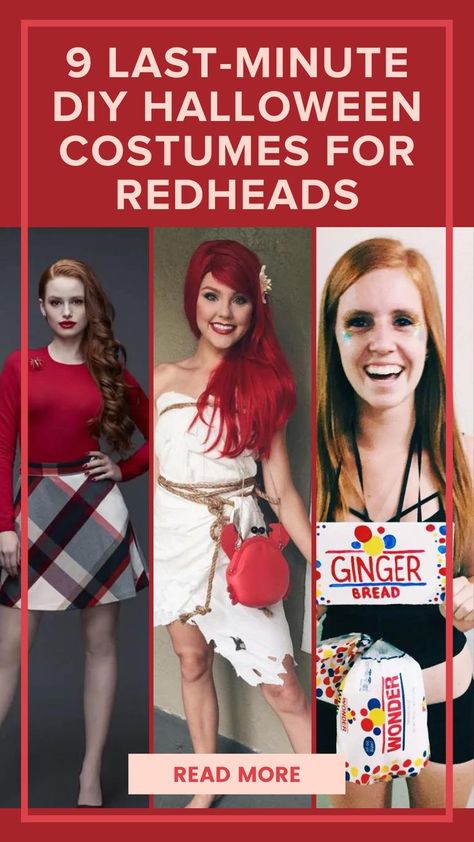 Halloween Costumes Strawberry Blonde Hair, Halloween Costumes For Red Head Women, Redhead Costumes Women, Red Wig Halloween Costumes Ideas, Easy Redhead Costume, Redhair Halloween Costume, Strawberry Blonde Costume Ideas, Easy Halloween Costumes For Redheads, Last Minute Halloween Costumes Red Hair