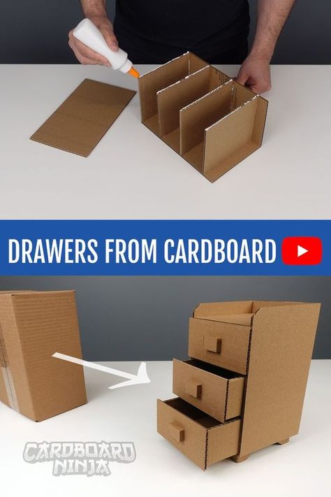 Cardboard Diy Crafts, Cardboard Box Storage, Cartonnage Boxes, How To Make Drawers, Cardboard Decor, Cardboard Drawers, Cardboard Organizer, Small Storage Containers, Cardboard Diy