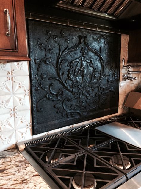 Beautiful antique fireback with Young Bacchus from http://www.firebacks.net Ventilator Design, Bohemian Kitchens, Oven Hoods, Backsplash Stove, Creative Kitchen Backsplash, Goth Kitchen, Gothic Kitchen, Fremont California, Stove Backsplash