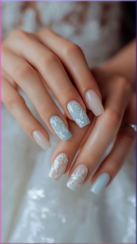 Light Blue Wedding Nails For Bride, Blue And White Wedding Nails, Blue Wedding Nails For Bride, Nail Bride, Beach Wedding Nails, Bridal Shower Nails, Blue Wedding Nails, Nail Ideas Trendy, Wedding Nail Ideas